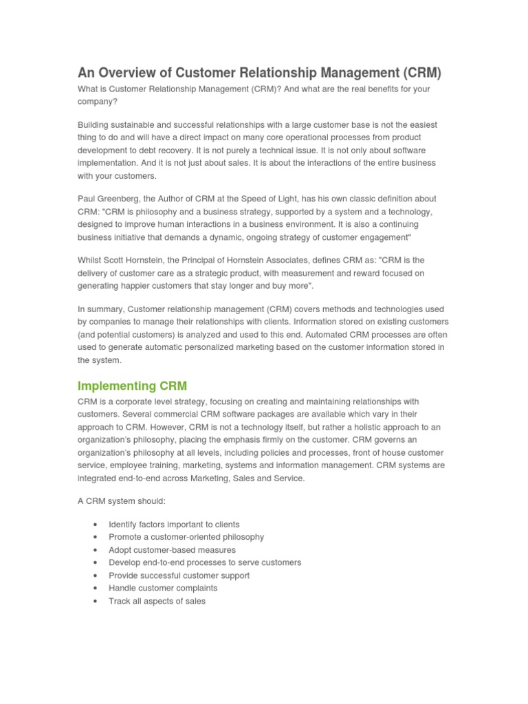 Overview of Customer Relationship Management | PDF | Customer ...
