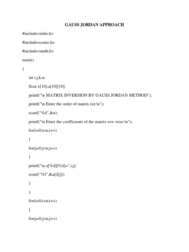 Gauss-Jordan Matrix Inversion in C | PDF | Computers