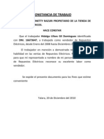 Constancia de trabajo como vendedor de repuestos eléctricos 2008-2010