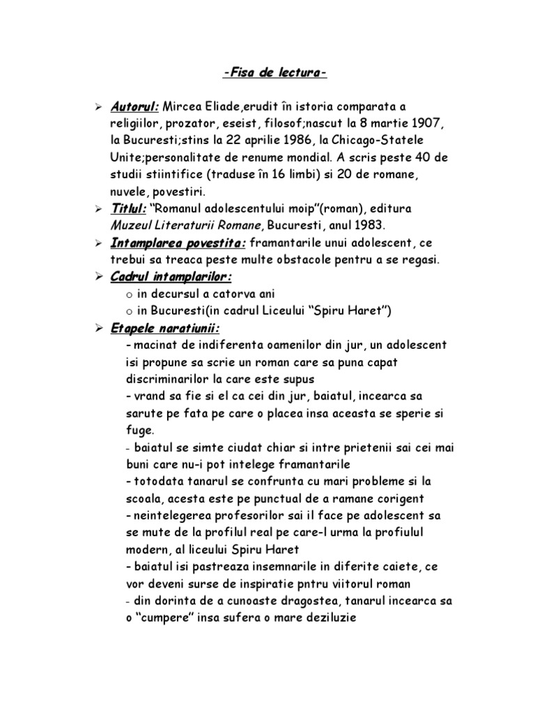 Fisa de Lectura - Romanul Adolescentului Miop