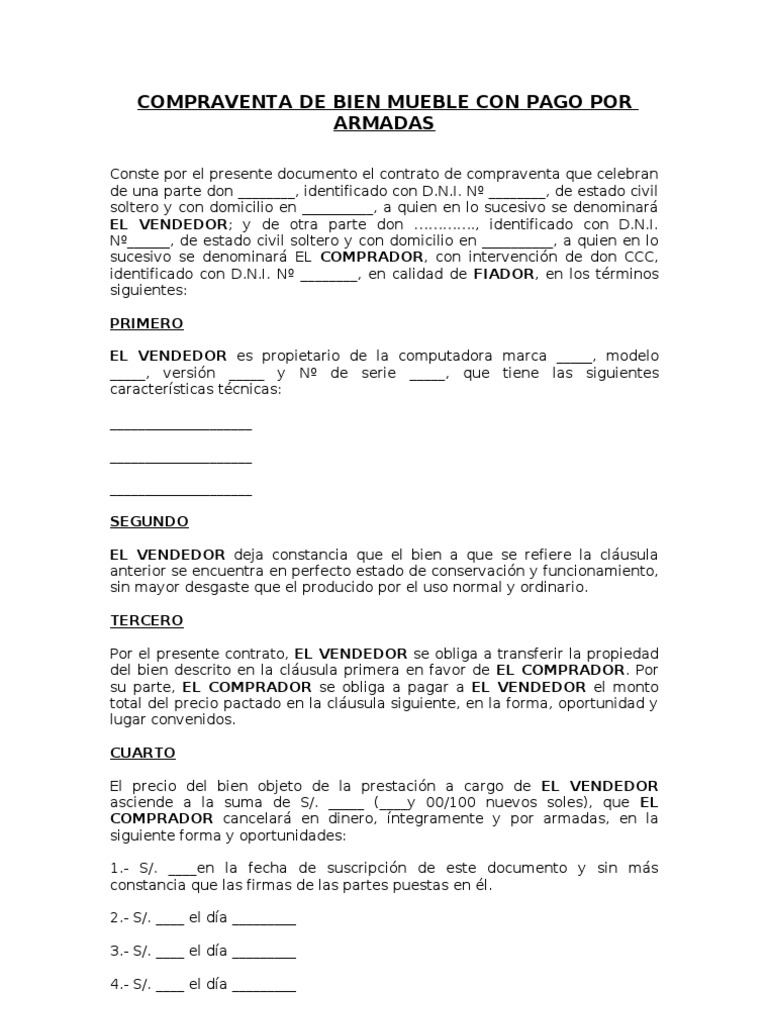 Contrato de Compra Venta de Bien Mueble Con Pago en Armadas Derecho
