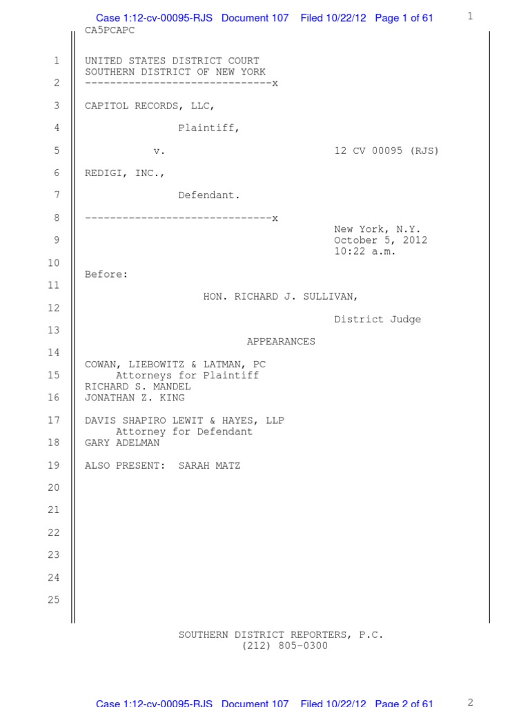 Redigi Summary Judgment Transcript | Copyright Law Of The United States ...