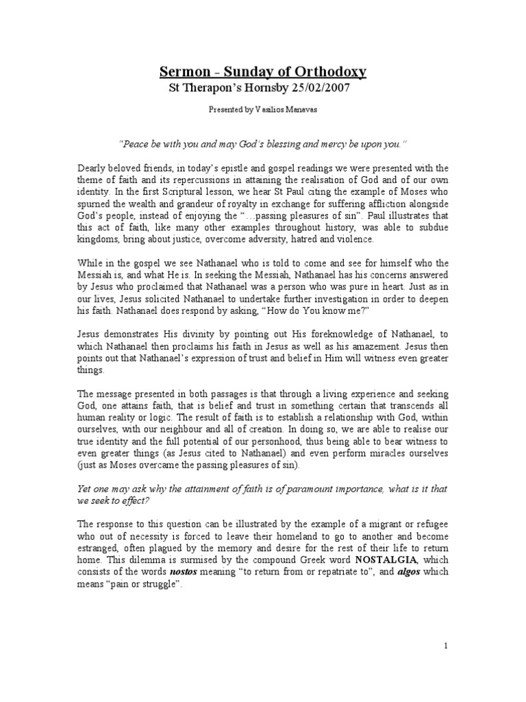 Sermon01 Sunday of Orthodoxy PDF Faith Jesus