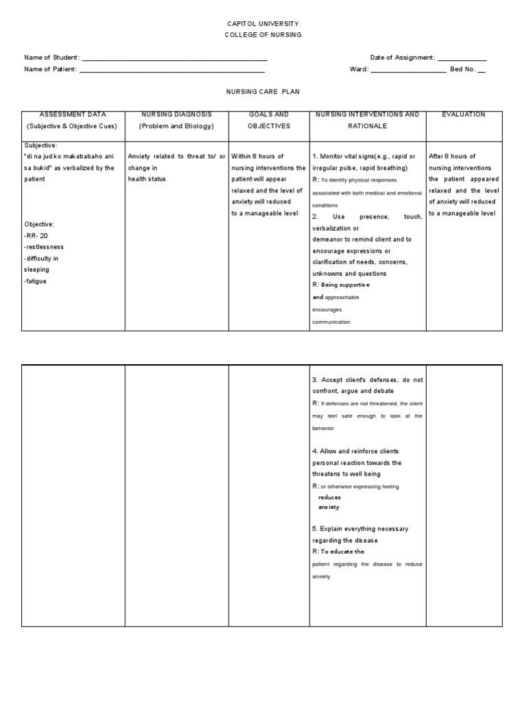 Nursing Care Plan for Anxiety Management | PDF | Wellness | Science ...
