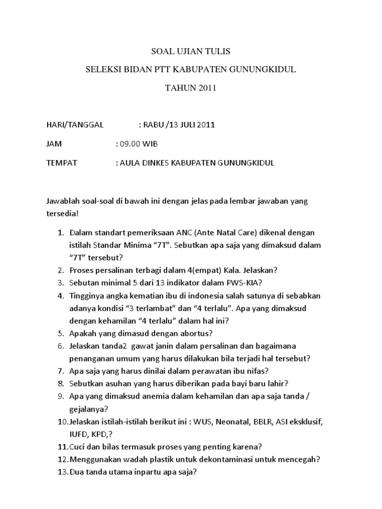 Soal Ujian Tulis Seleksi Bidan Ptt Kabupaten Gunungkidul Tahun 2011