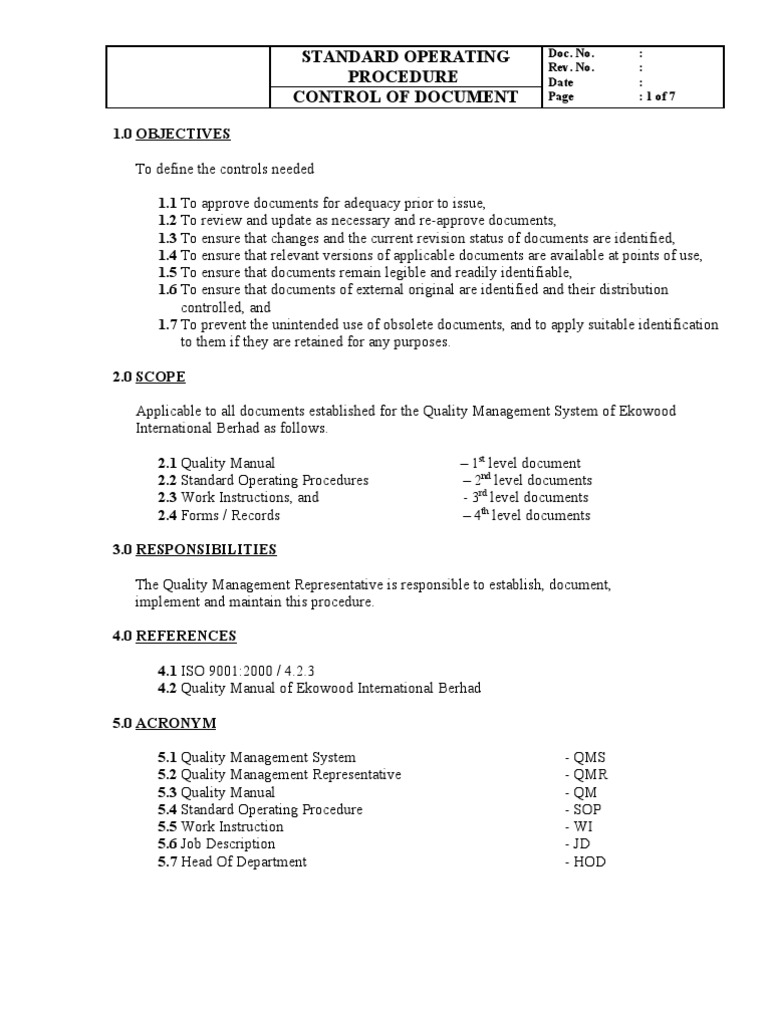 Standard Operating Procedure Control of Document: Doc. No. Rev. No ...