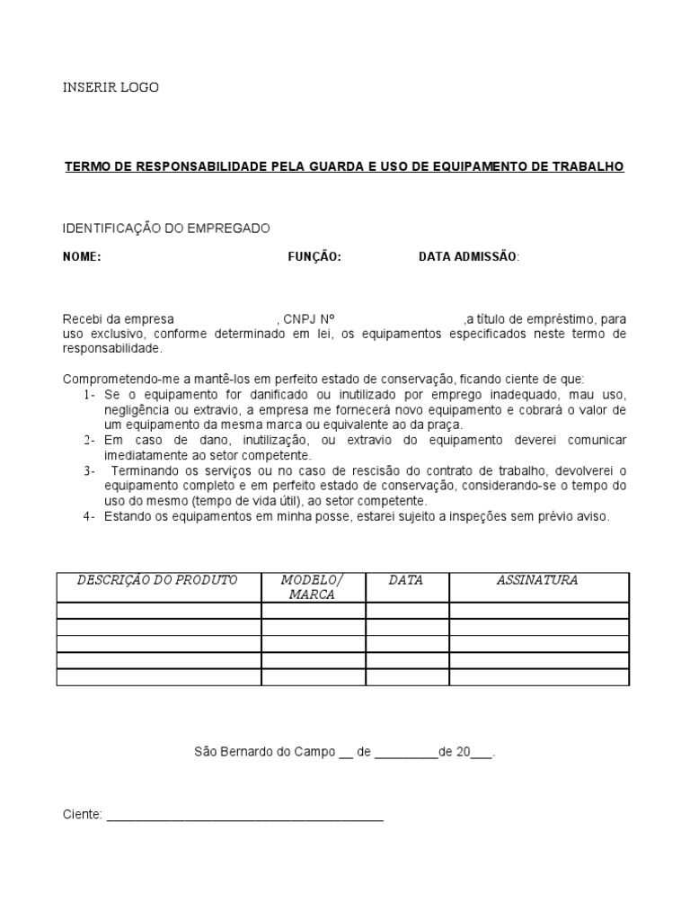 Termo de Responsabilidade Pela Guarda e Uso de Equipamentos de Trabalho