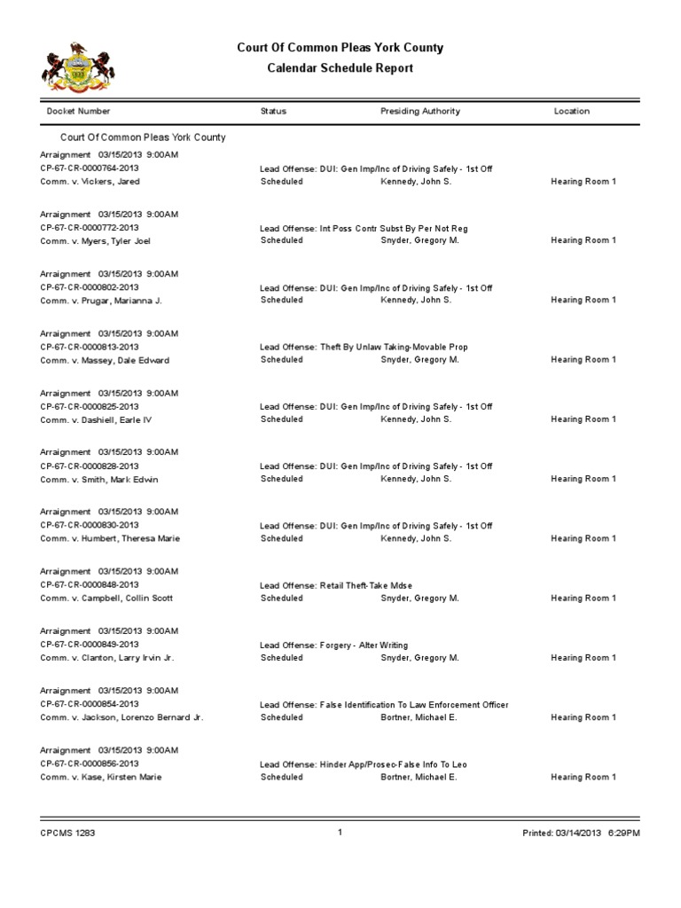 York County Court Schedule For March 15 | PDF | Driving Under The Influence  | Arraignment