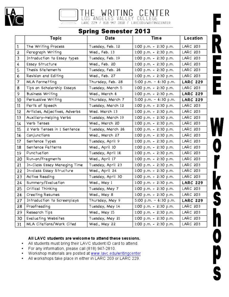 Workshop Schedule Sp2013 | PDF | Essays | Verb