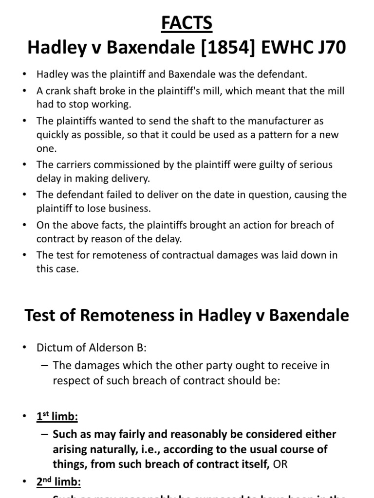 Facts Hadley V Baxendale (1854) EWHC J70 PDF Breach Of Contract