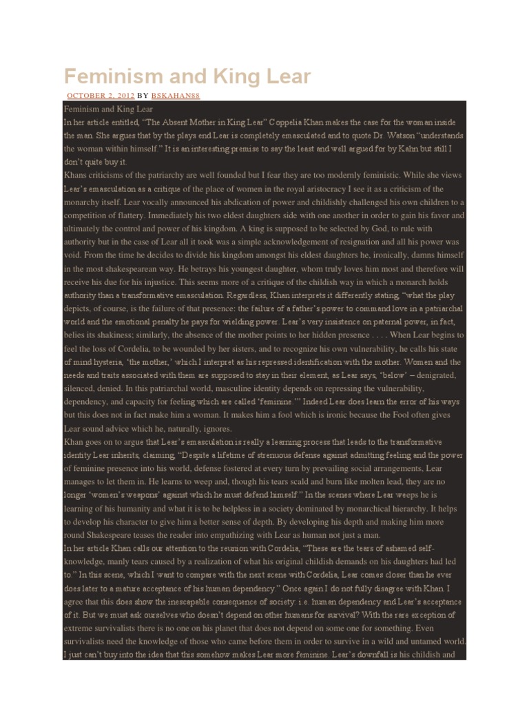 Feminism and King Lear OCTOBER 2, 2012 Bskahan88 PDF Monarchy