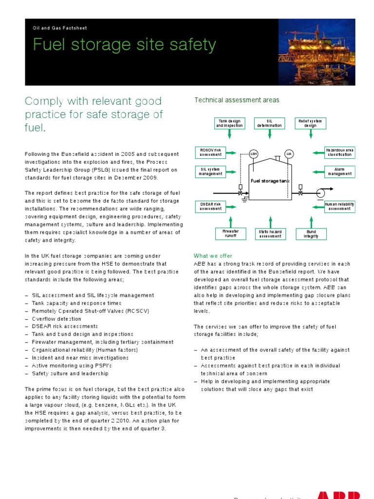 Fuel storage site safety Comply with relevant good practice for safe