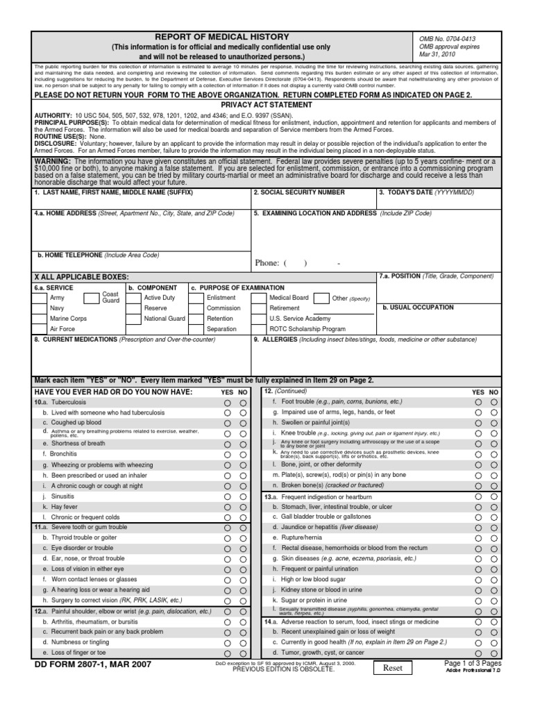 Report of Medical History: Phone | PDF | Physician | Military Discharge
