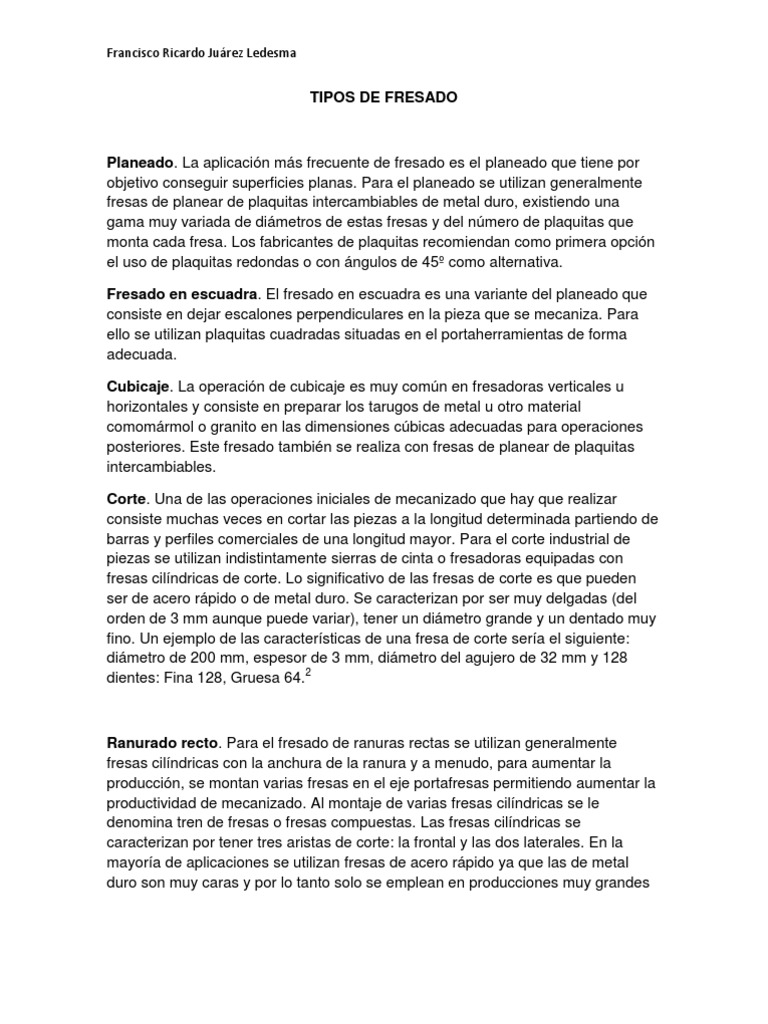 Tipos De Fresado Pdf Equipo Bienes Manufacturados
