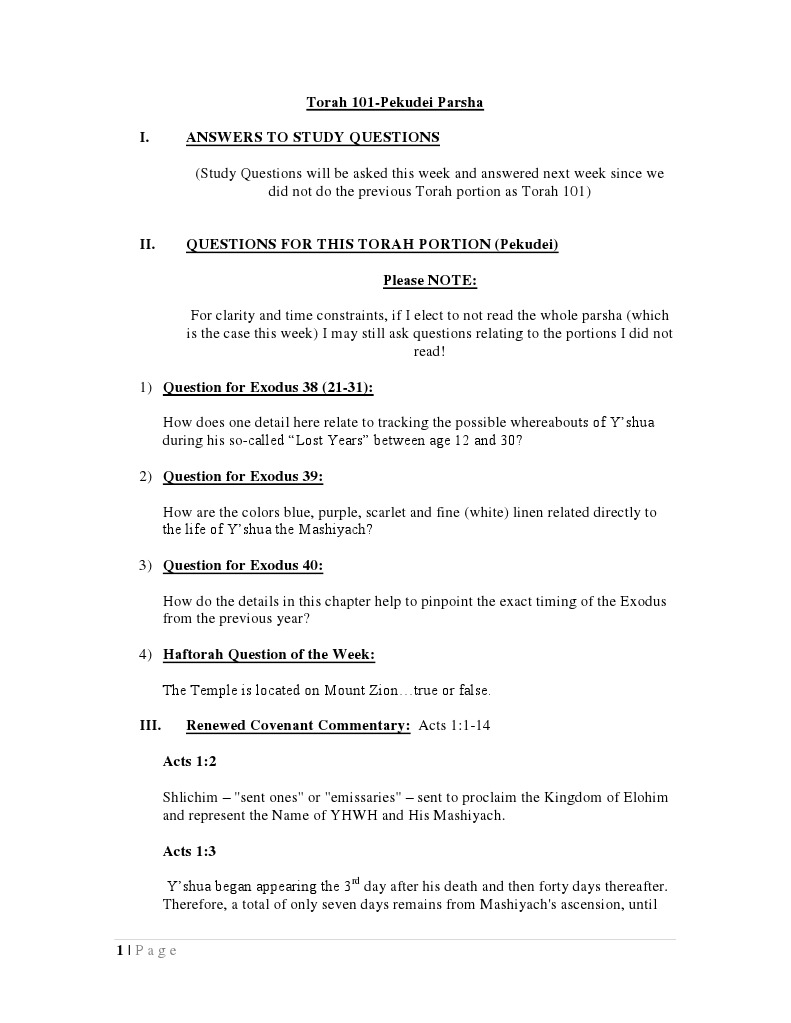 Torah 101Pekudei Parsha I. Answers To Study Questions PDF Torah Jewish Law