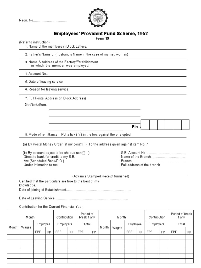 PF Withdrawal Form 19 PDF Cheque Money