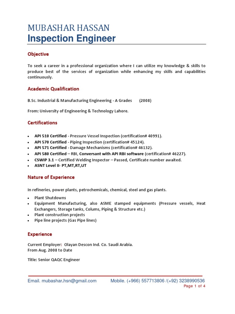 CV of Inspection Engineer Mubashar Hassan | PDF | Welding | Construction