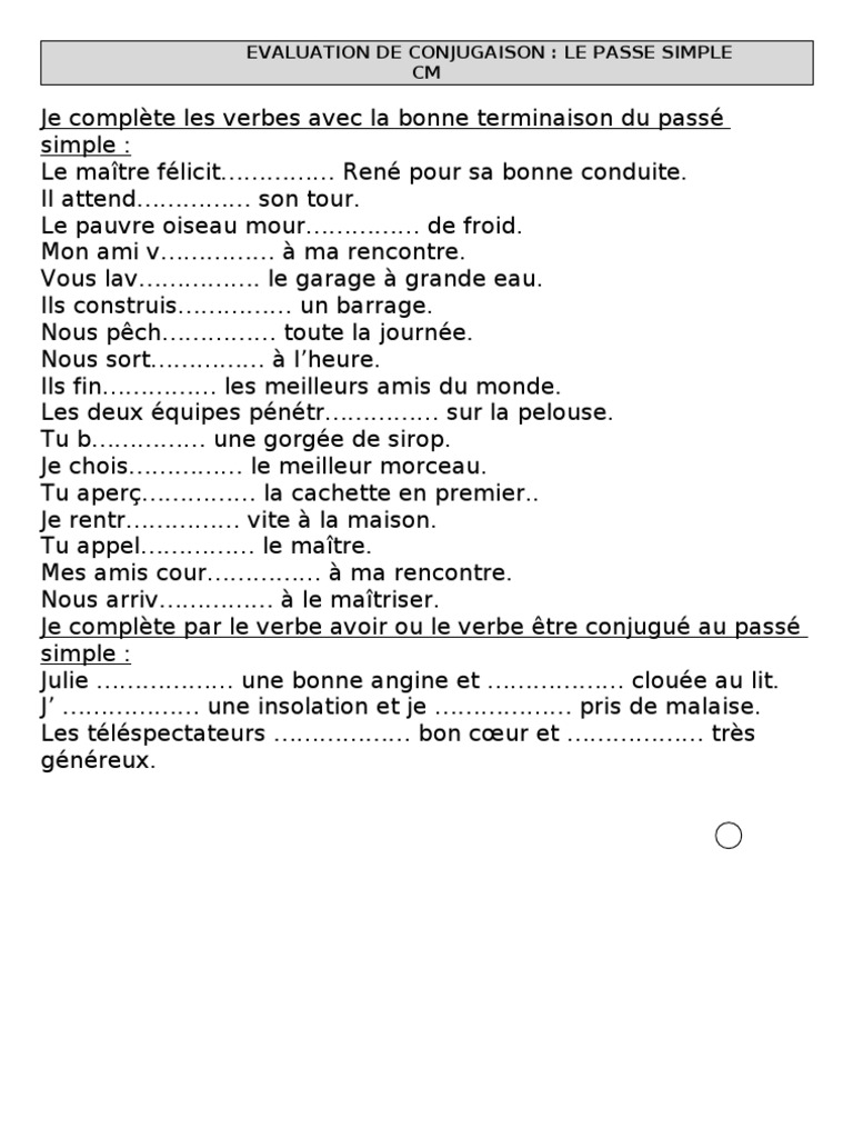 Exercices Passé Simple Cm2 à Imprimer Evaluation Passé Simple | PDF