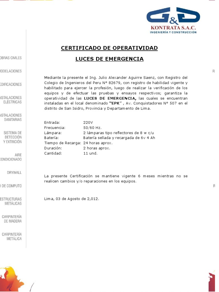 Certificado de Operatividad Luces de Emergencia