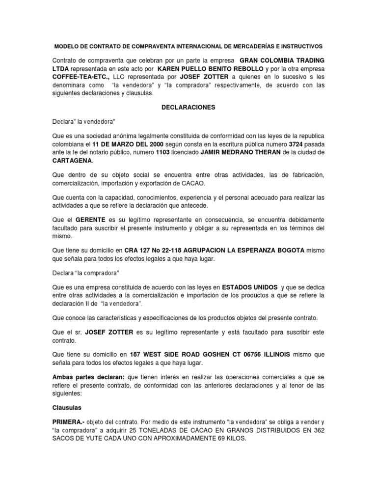 Modelo de contrato de compraventa internacional de