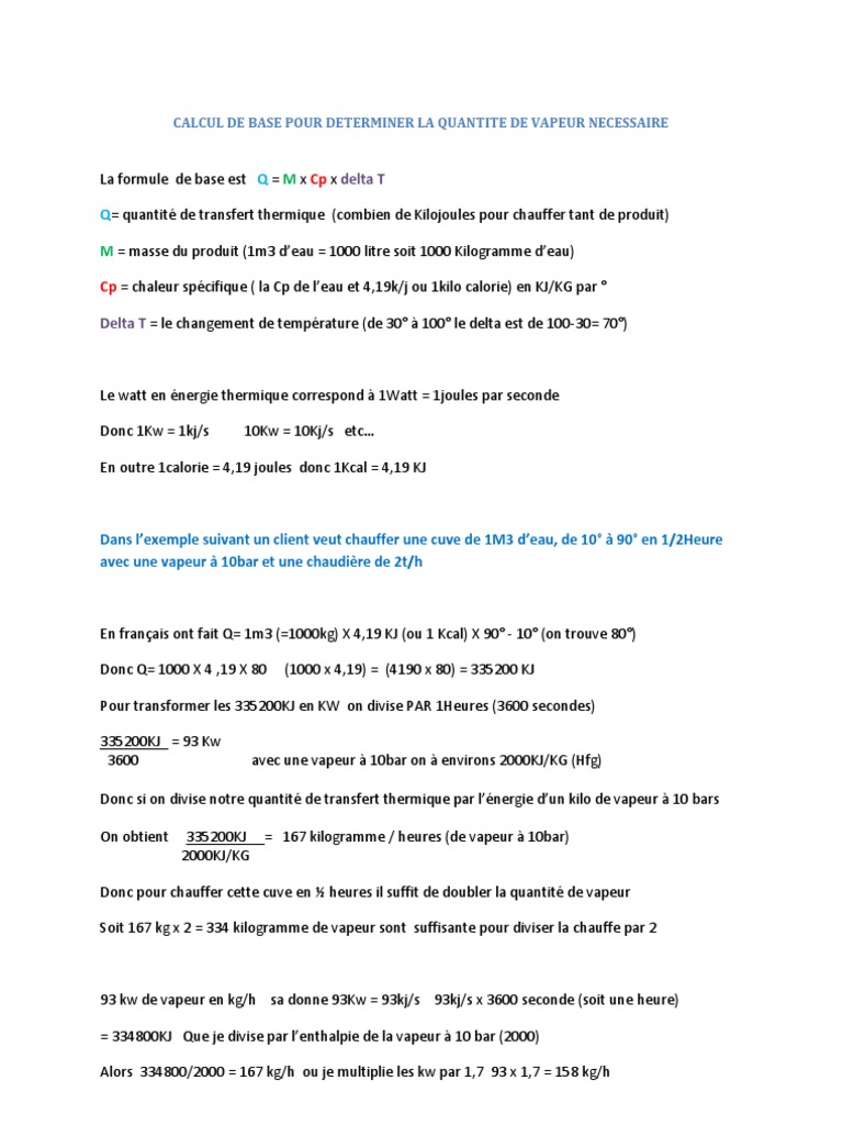 Calcul de la vapeur ncessaire pour chauffage | PDF | Enthalpie de  changement d'tat | Watt