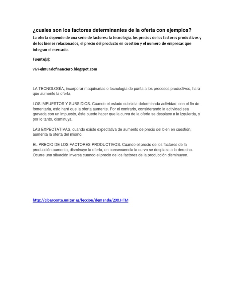 Cuales Son Los Factores Determinantes de La Oferta Con
