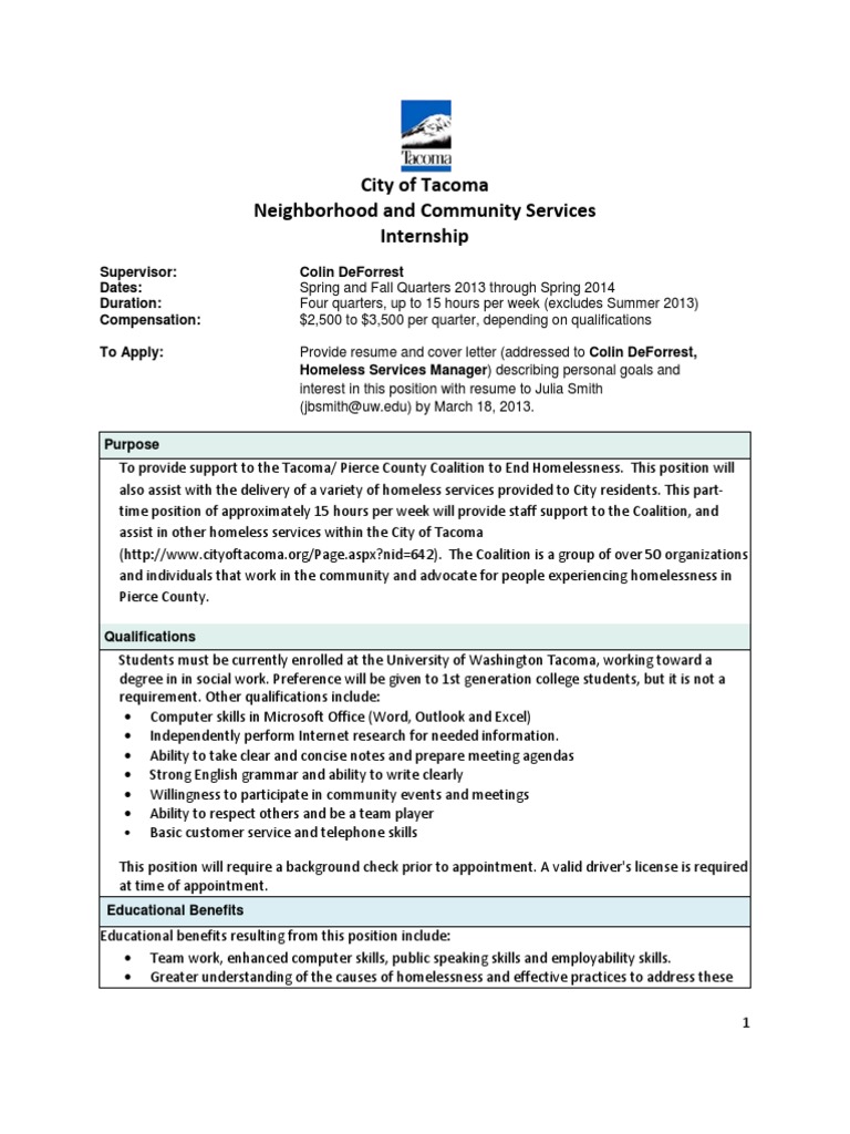 Tacoma Homeless Services Internship | PDF | Homelessness | Résumé