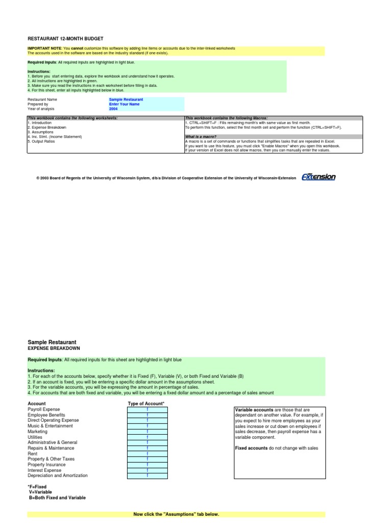 Sample Budget Worksheets For A Restaurant 12 Month Budget Expense 
