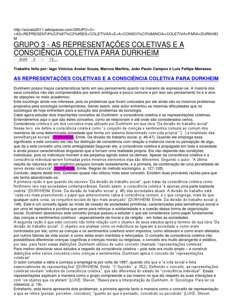 Durkheim's Concepts of Collective Consciousness and Collective ...