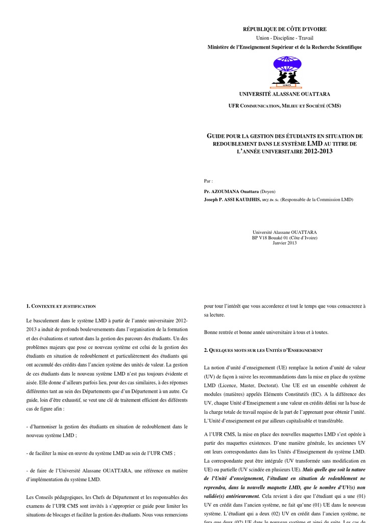 Guide Pour La Gestion Des Étudiants Redoublants en Situation de Redoublement Dans Le Système LMD