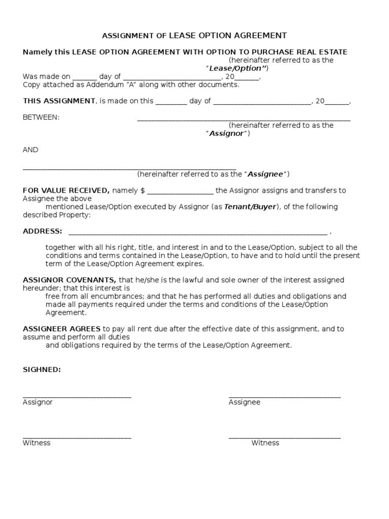 Assignment of Lease Option Agreement | PDF | Assignment (Law) | Lease