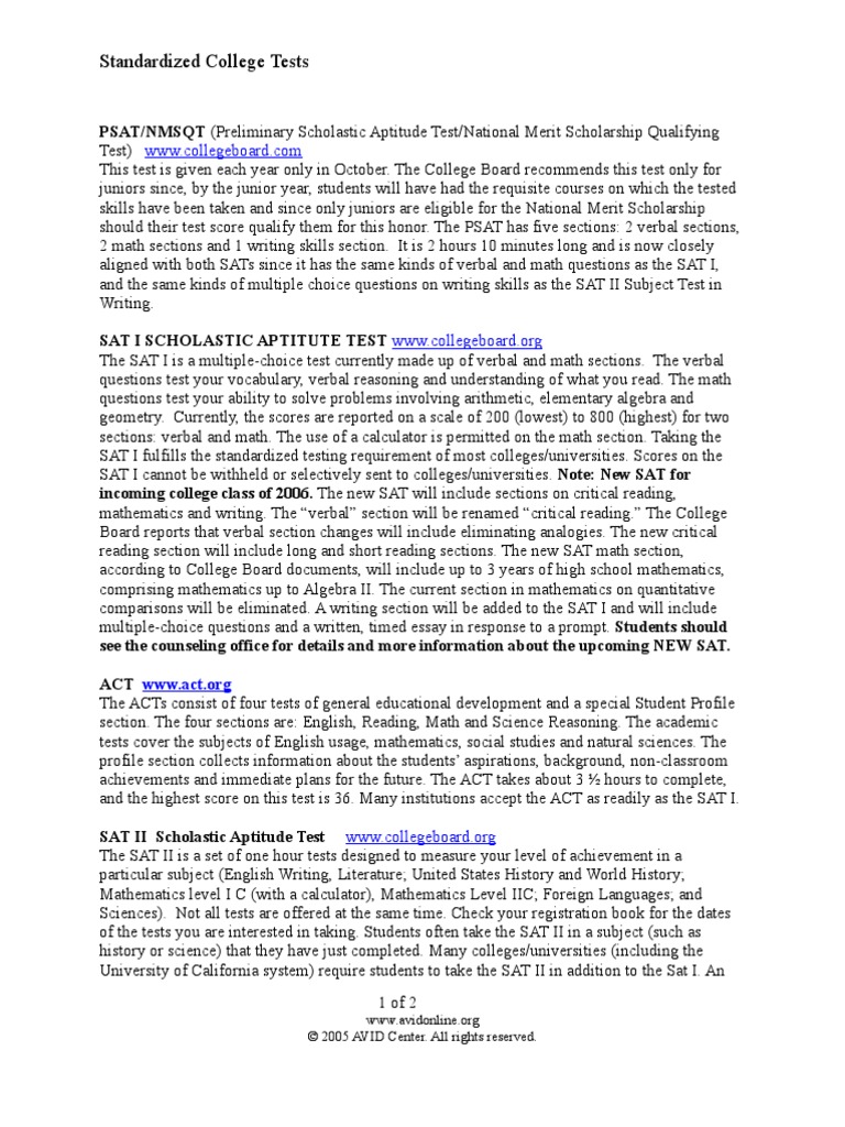 College Testing Information | PDF | Sat | Act (Test)