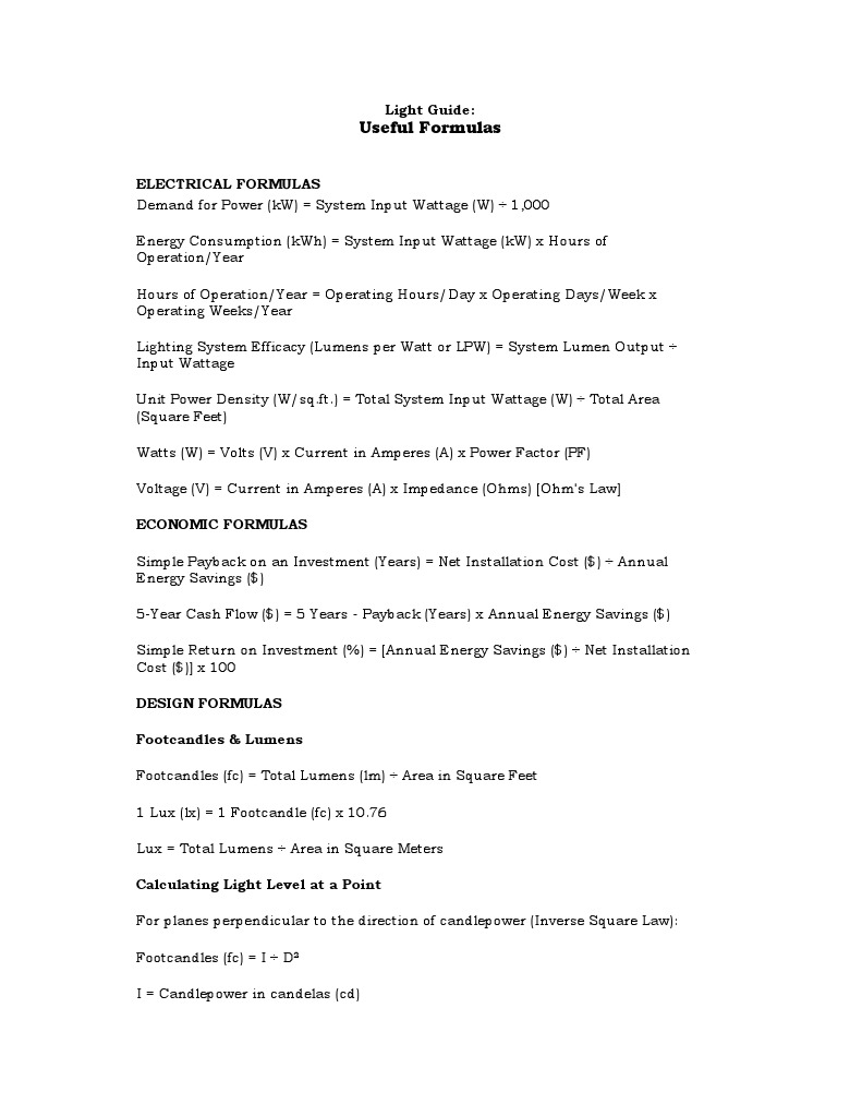 Lighting Calculation Formula PDF Watt Lighting