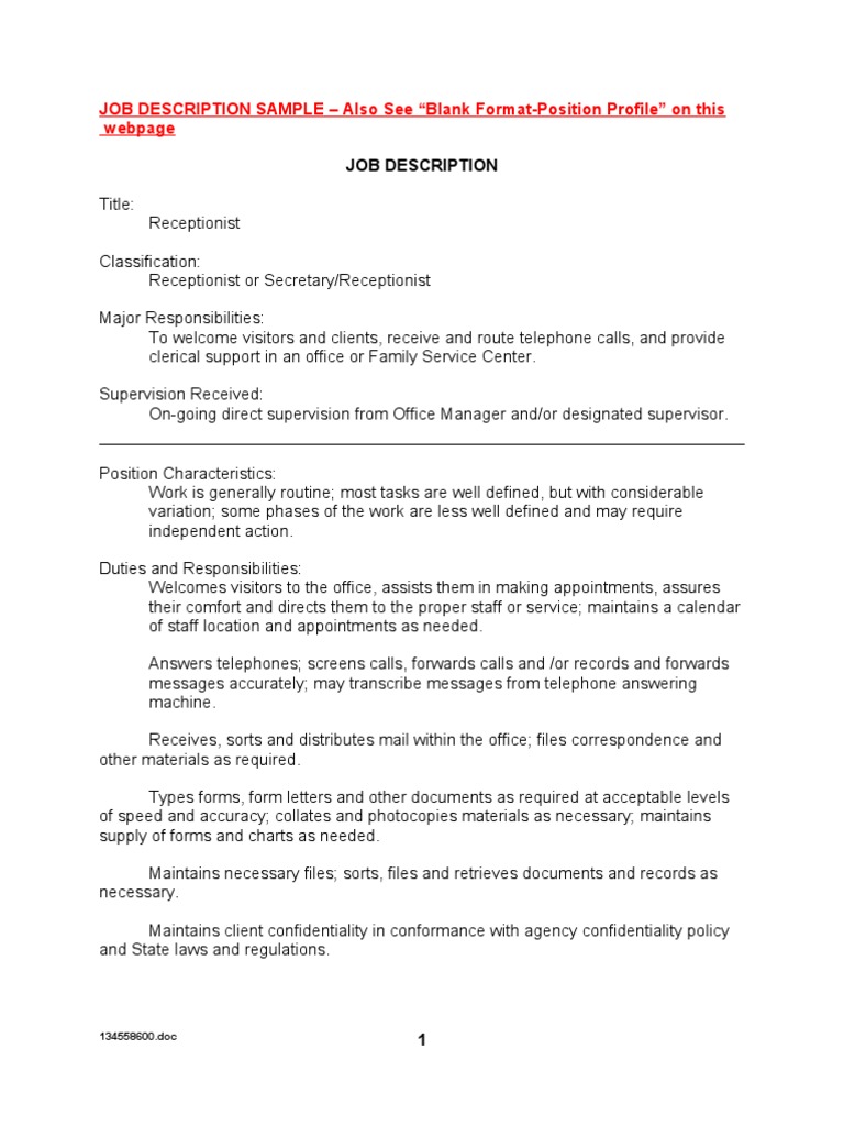 JOB DESCRIPTION SAMPLE Also See "Blank FormatPosition Profile" On