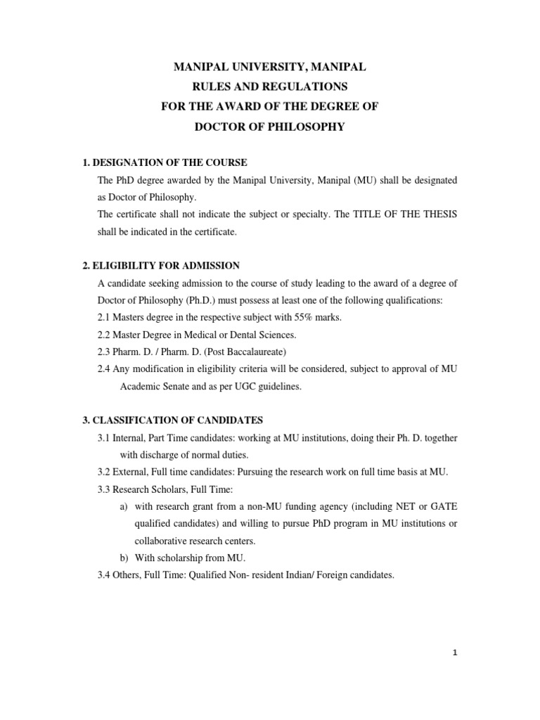 PHD Guidelines Manipal University | PDF | Thesis | Doctor Of Philosophy