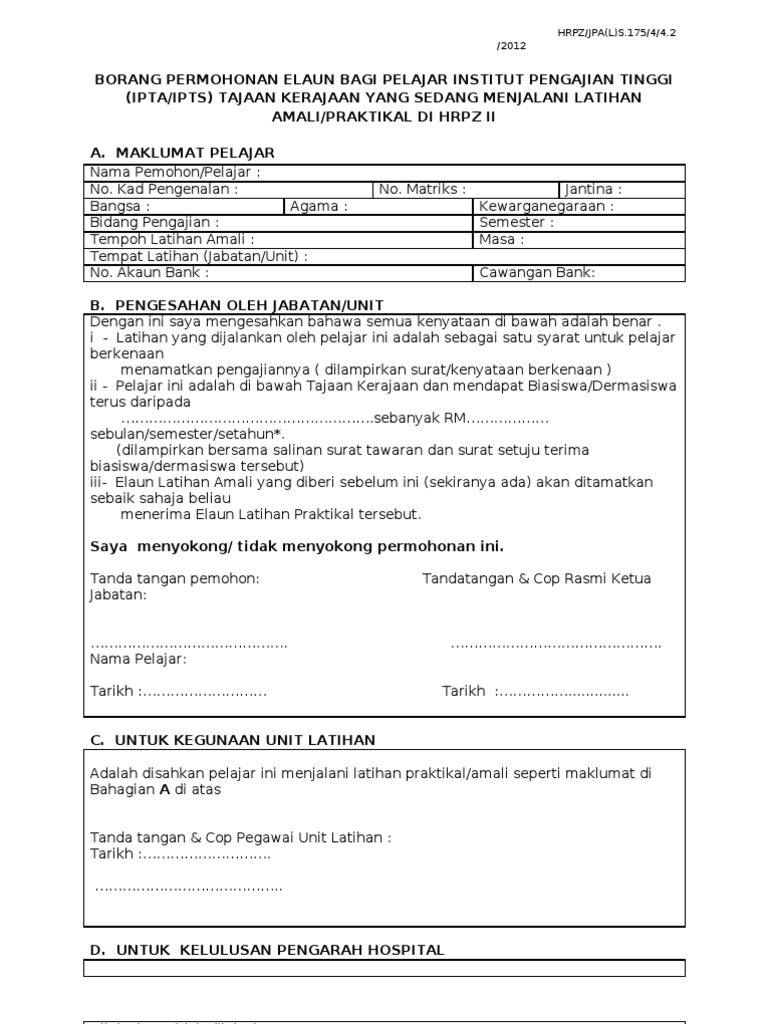 Borang Tuntutan Elaun Pelajar Latihan Industri Pdf