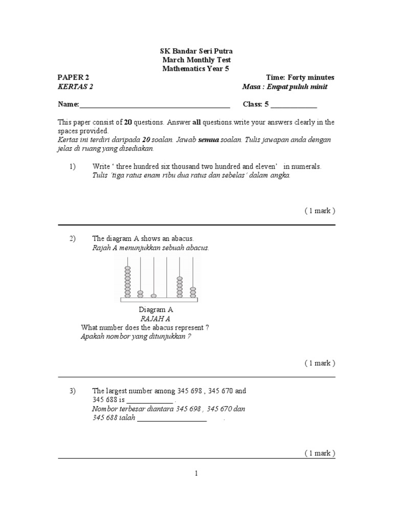 Soalan matematik tahun 5