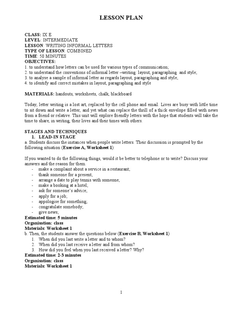 Writing Informal Letters Paragraph Lesson Plan