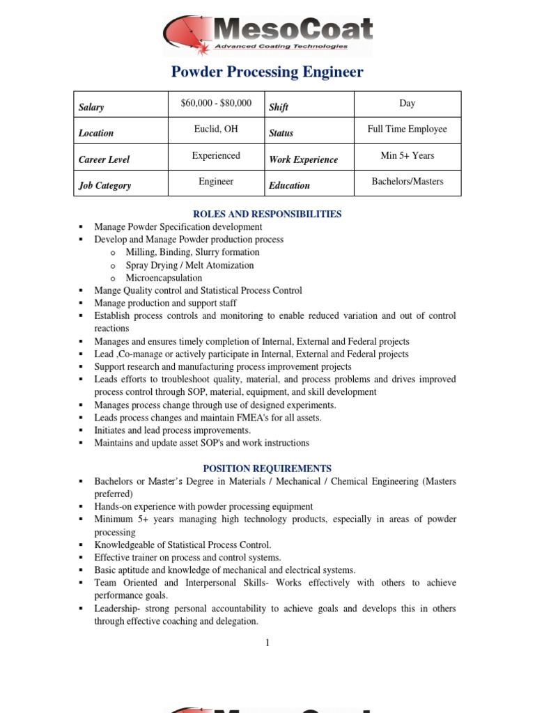 Powder Processing Engineer | PDF