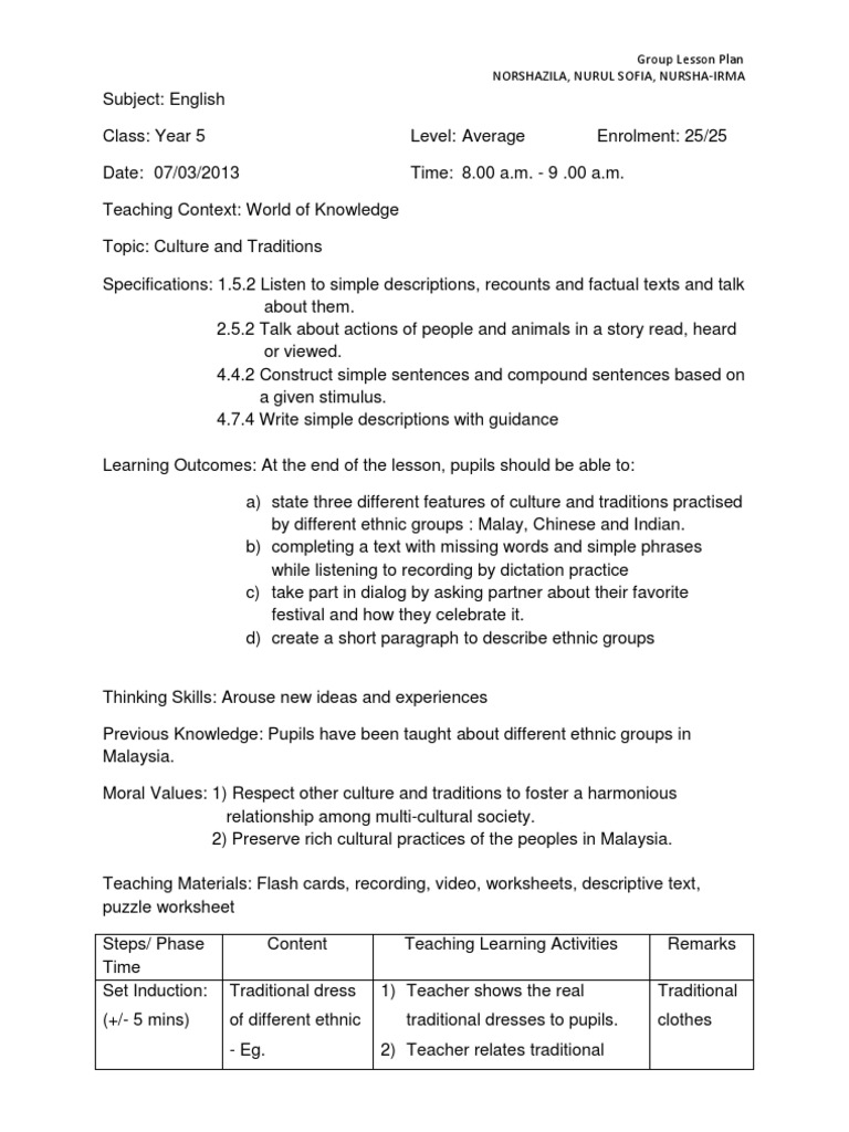 Lesson Plan Year 5 | Malaysia | Lesson Plan