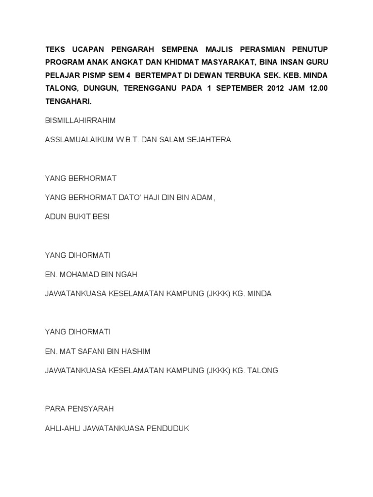 Teks Ucapan Pengarah Sempena Majlis Perasmian Penutup 