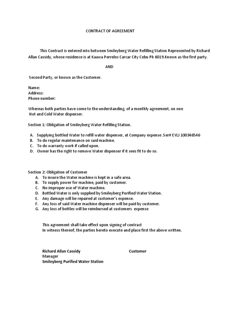 document sample docx Contract of 1 Dispenser Water Agreement document sample docx Contract of 1 Dispenser Water Agreement