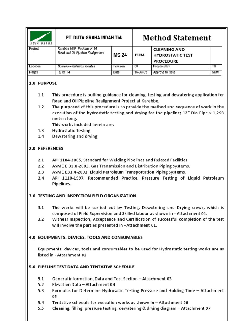 Pipeline Hydrostatic Test Procedure | PDF | Leak | Pipeline Transport