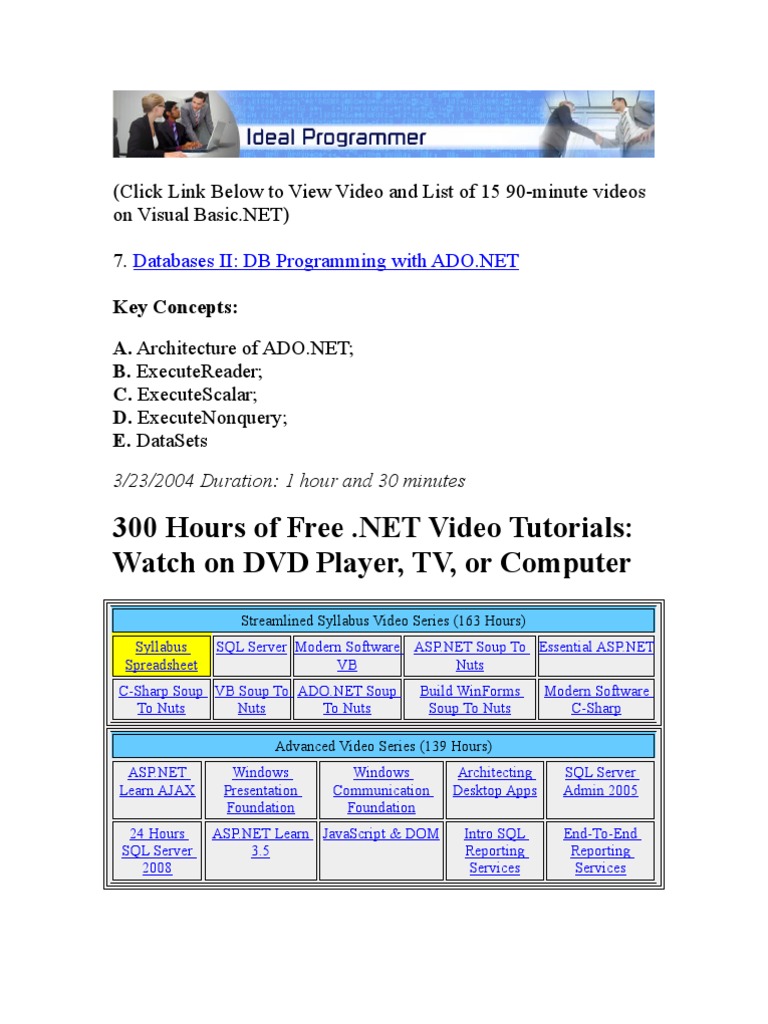 ADO.NET Database Programming Video Guide | PDF