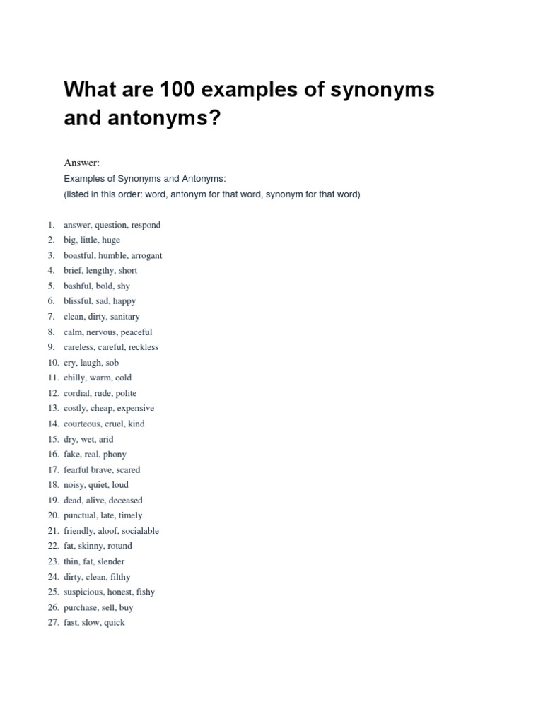 Printables Antonyms Examples 100 what are 100 examples of synonyms and antonyms