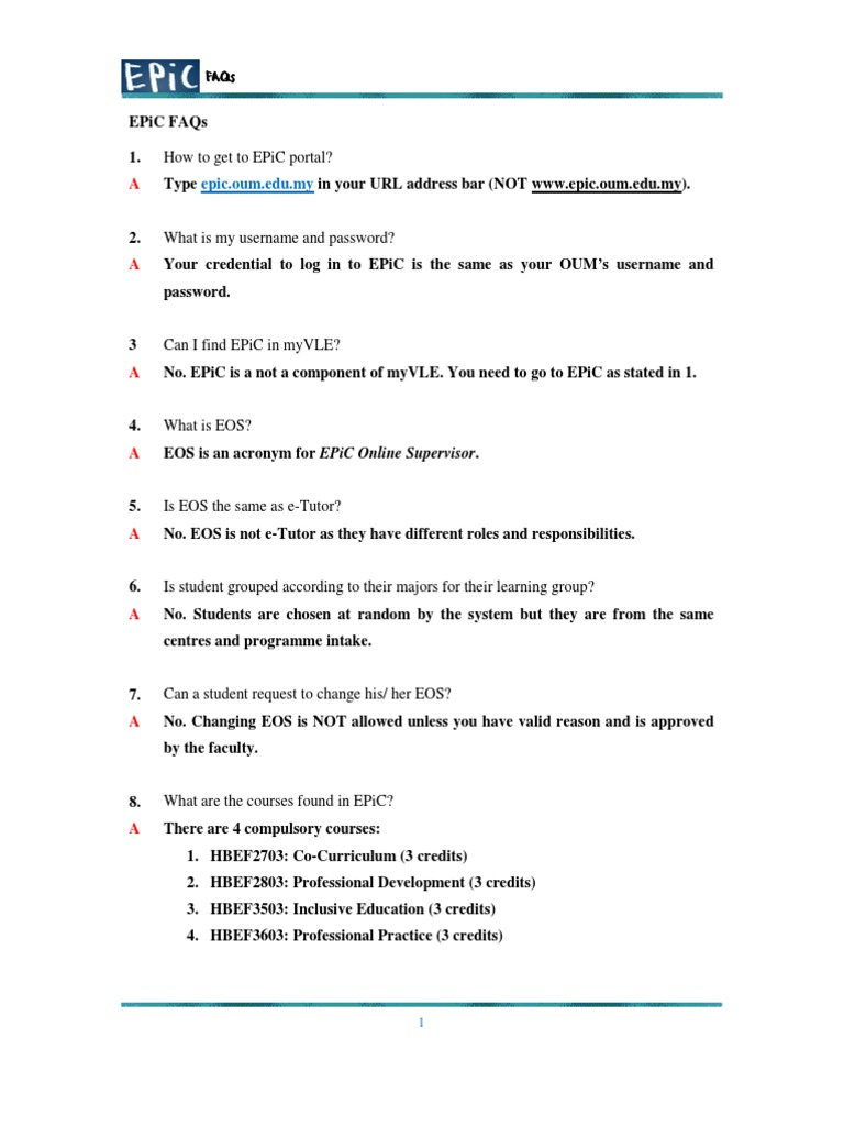 EPiC Portal FAQs and Course Details | PDF