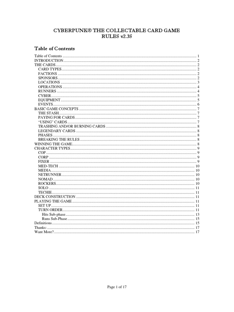Cyberpunk CCG Rules PDF Running Playing Cards