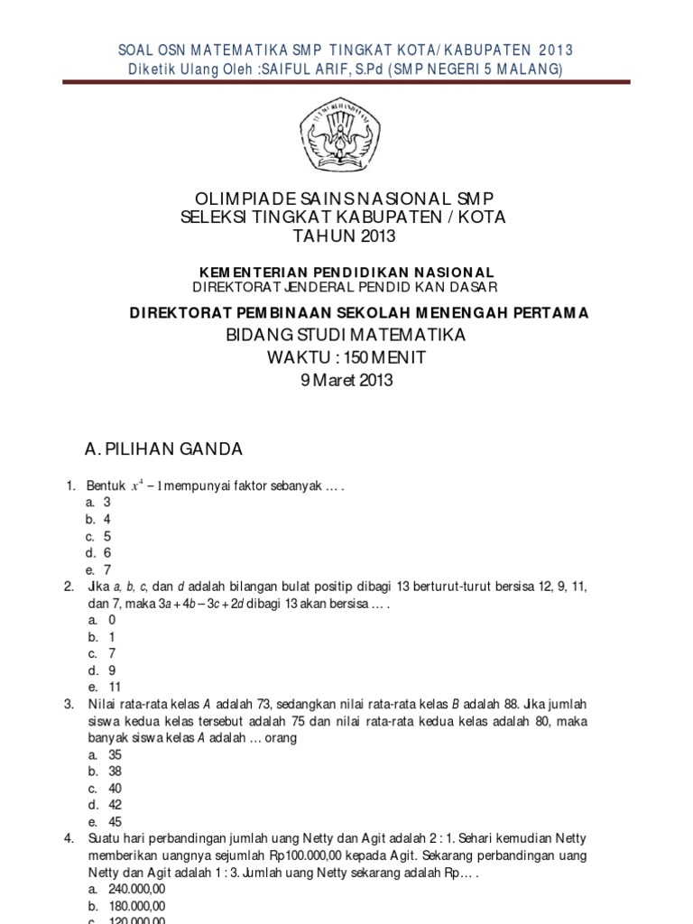 Soal Osn Matematika Kabupaten 2013