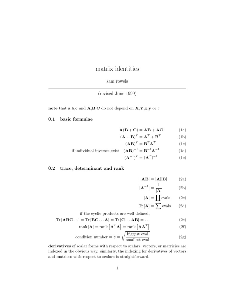 Matrix Identities by Sam Roweis | PDF