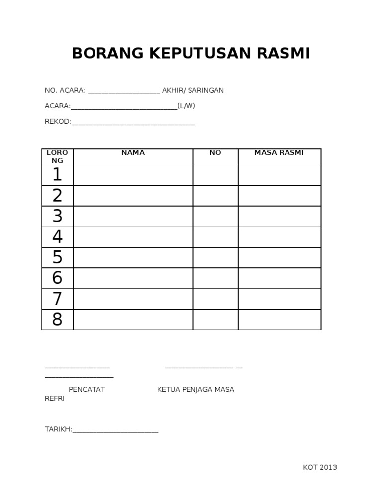 Borang Keputusan Rasmi Olahraga | PDF